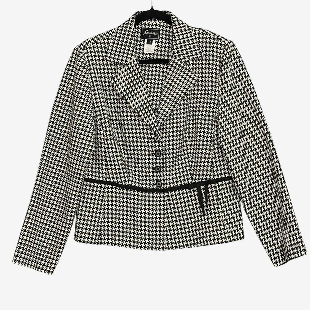 VTG Preppy Classic Womens Jacket 14 Black Houndstooth Bow Retro Office Academia